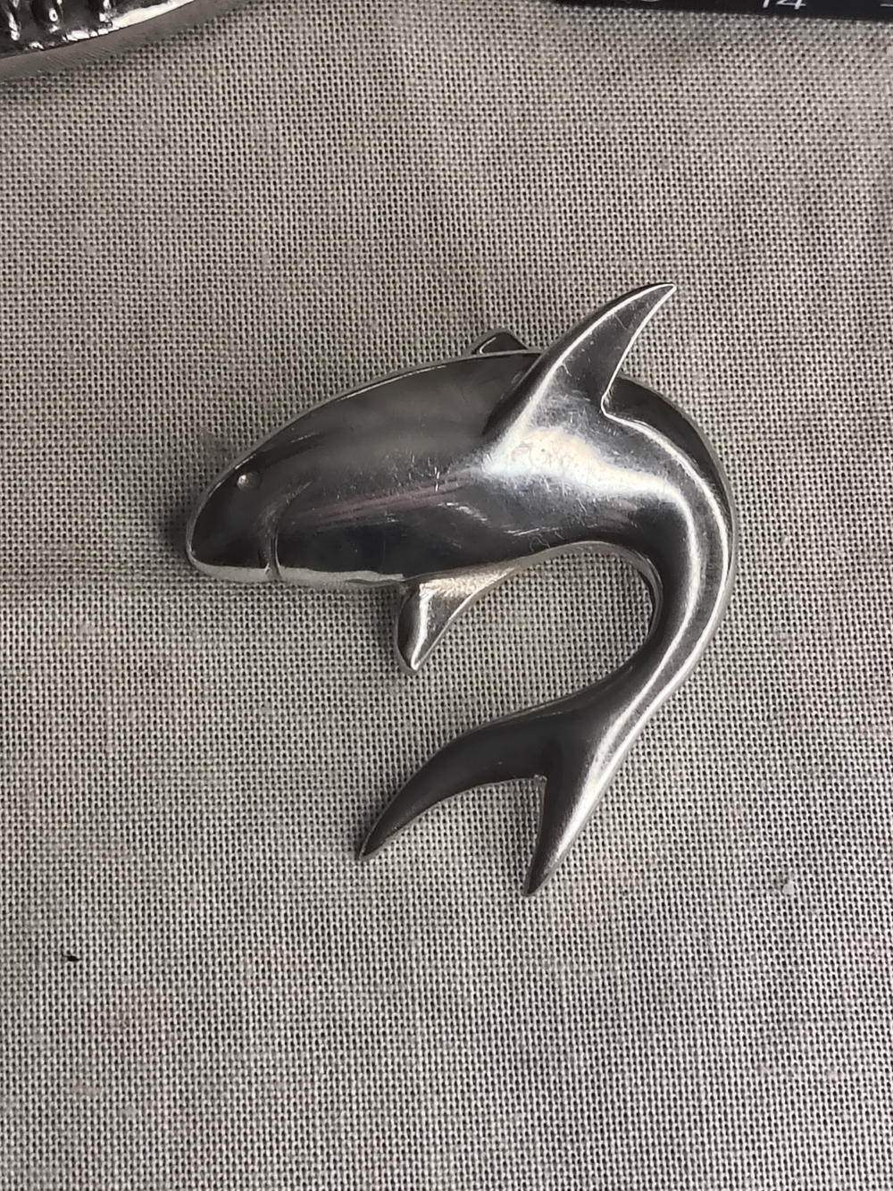 Vintage GH-25 Guadalajara Mexico 925 Sterling Silver Shark Brooch Pin 8.8g